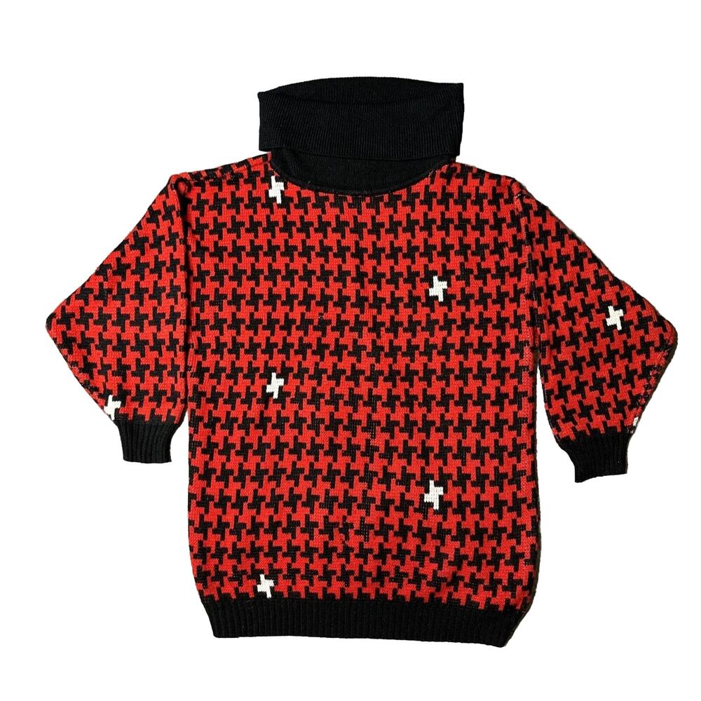 80s Red Check Turtleneck Chunky Knit Sweater Indie Grunge M